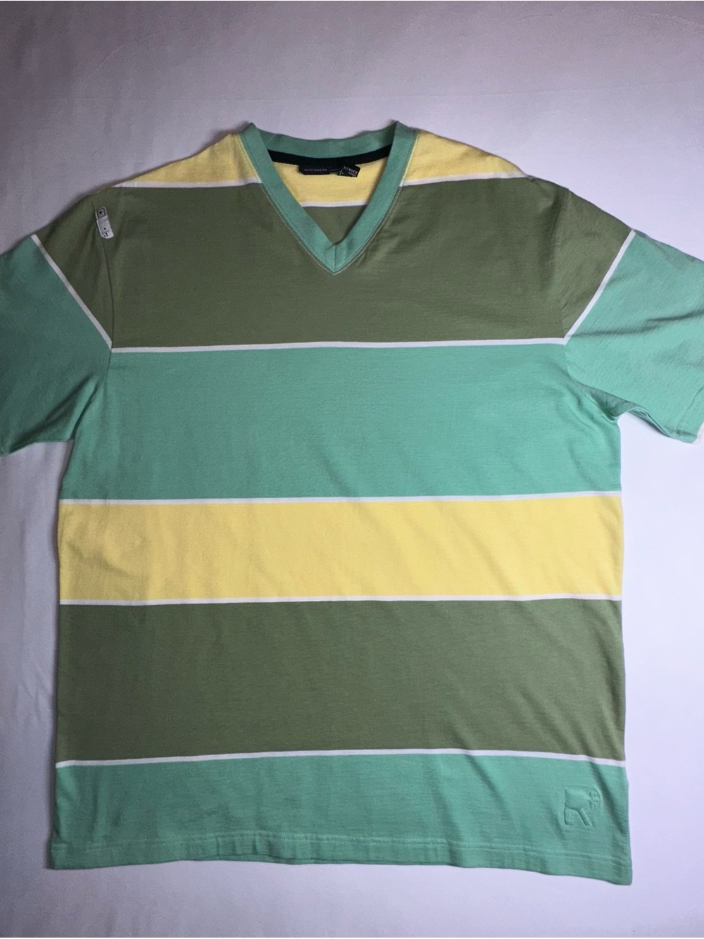 Vintage Y2K Rocawear Striped V-Neck Tee in Mint, Olive & Yellow
